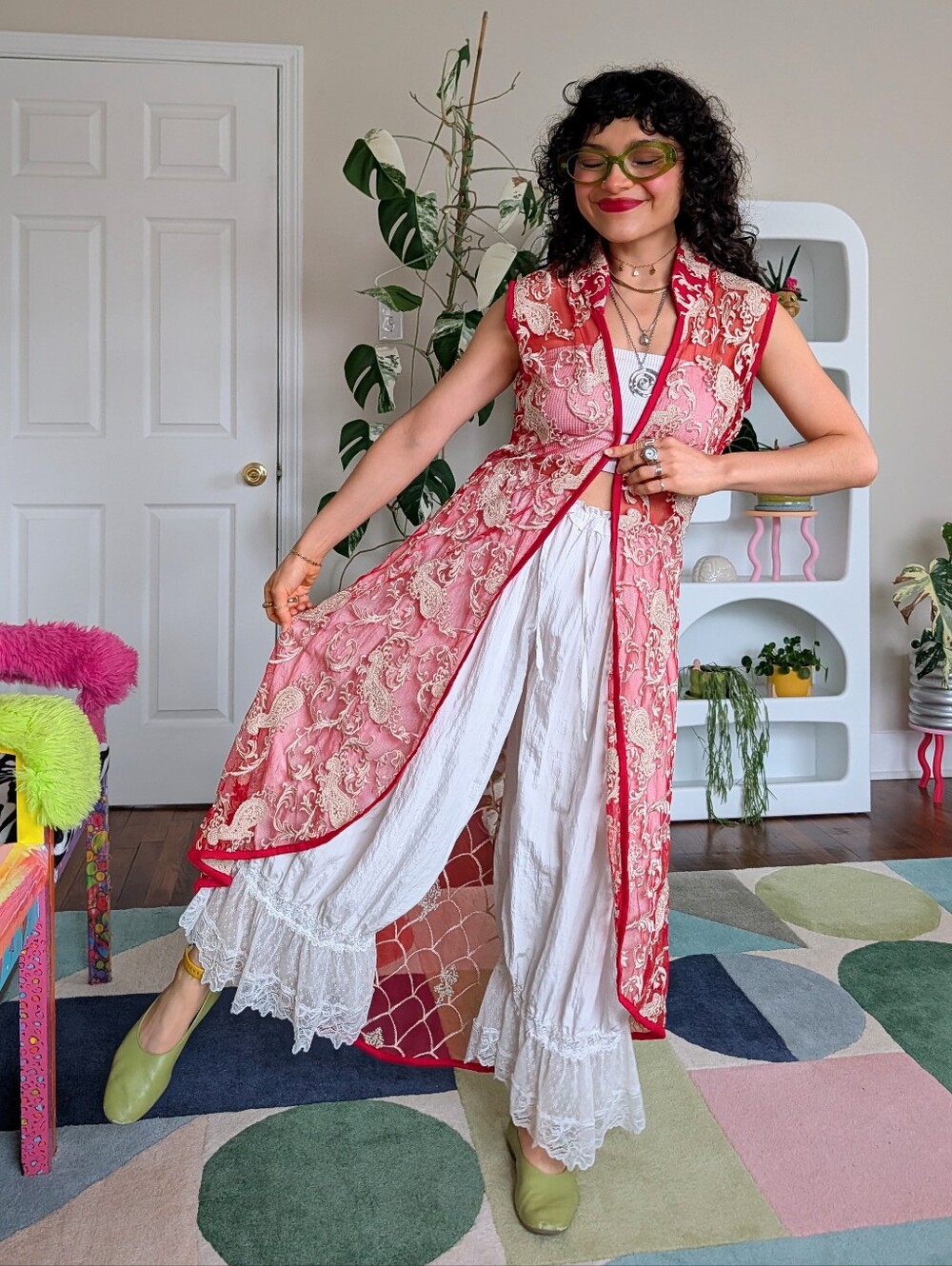 Vintage red paisley print sheer vest or dress with gold embroidery, size S